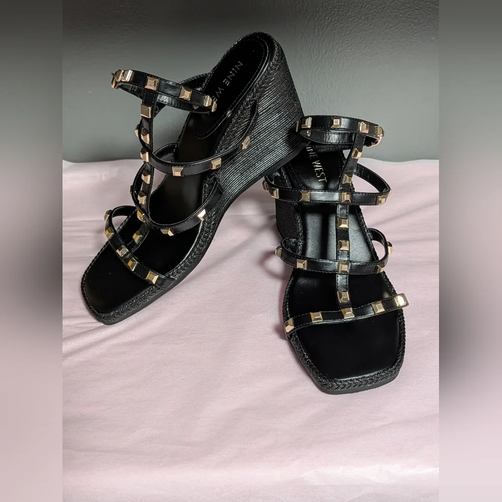 Nine West Black Studded Wedge Sandals